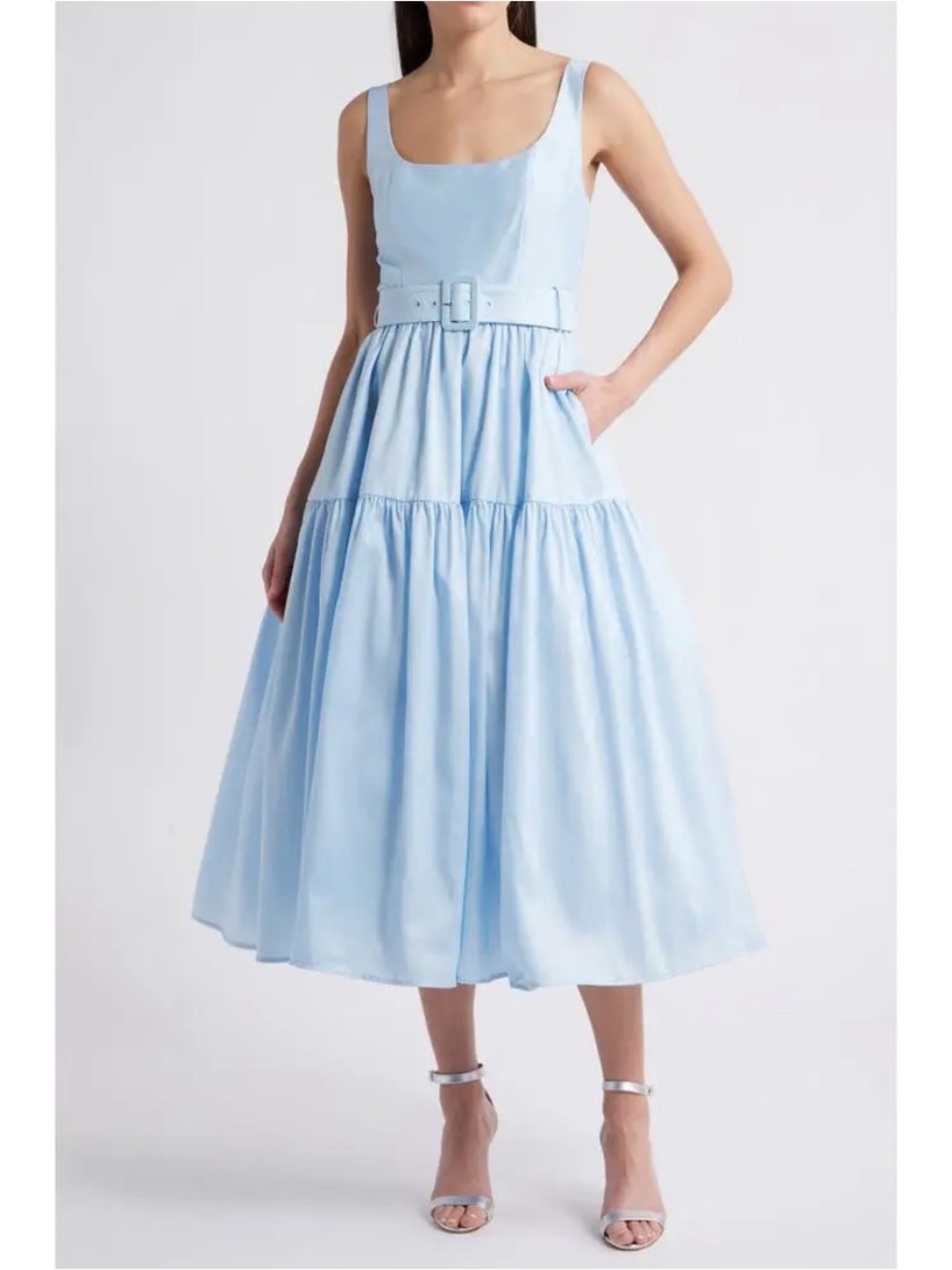 Scoop Neck Light Blue Belted Midi Dress